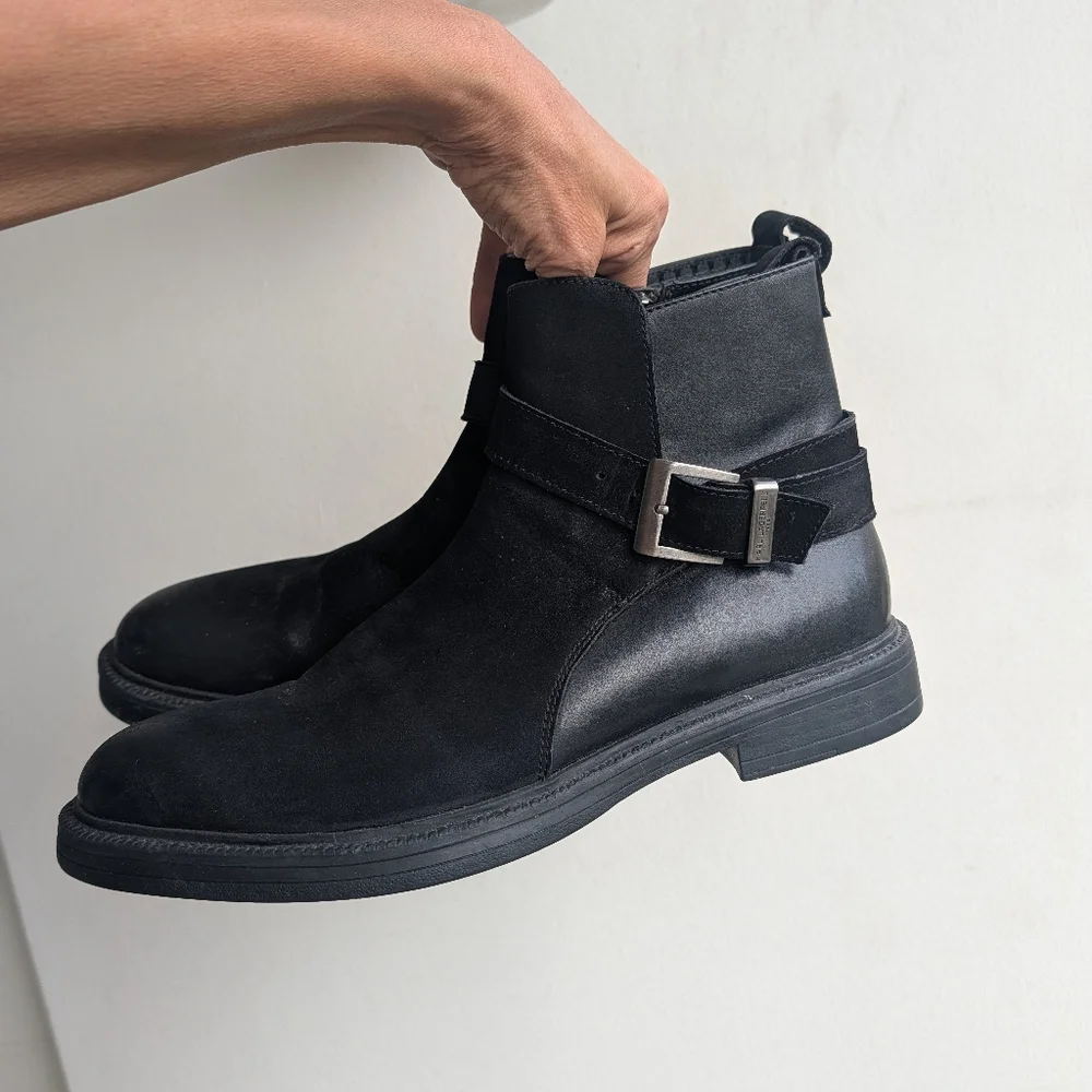 Karl Lagerfeld Paris Black suede and leather Harness with Buckle ankle Boots 9